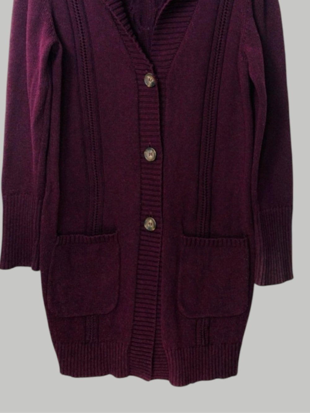 UGG Dark Plum Knit Long Cardigan M/L Pointelle Sweater Dark Academia, Vampi - Picture 4 of 11